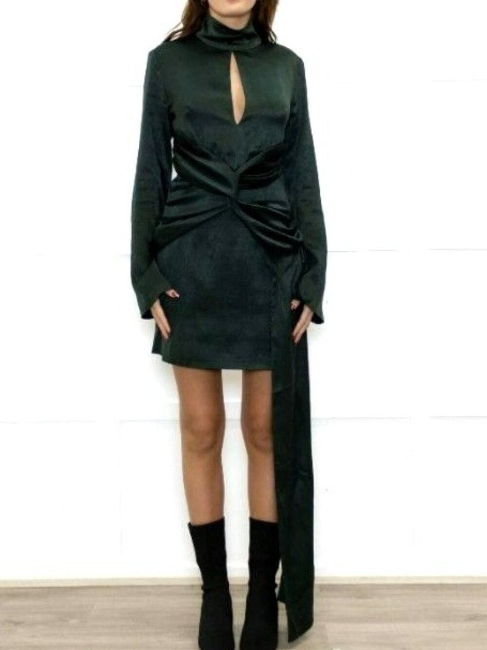 16Arlington $810 Dark Green Satin Draped Dress Mock Neck